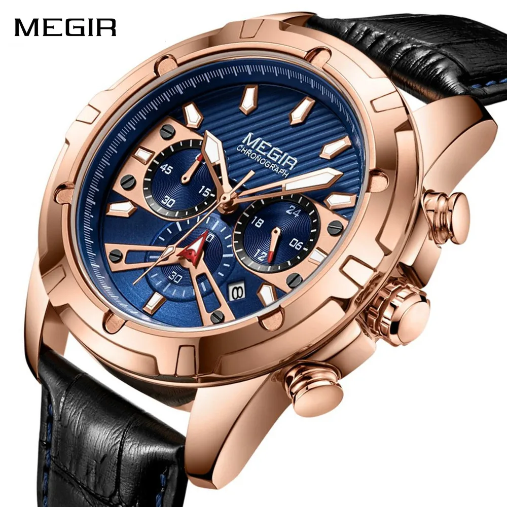 Megir luxo masculino esporte relógios de couro militar quartzo relógio de pulso à prova dwaterproof água homem cronógrafo 24 horas montre homme 2102