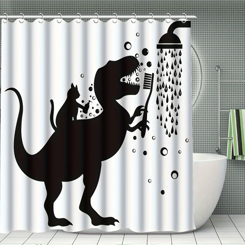4Pcs Dinosaur Shower Curtain Set, Housewarming Gift Modern Home Decor, Black And White Tooth Brushing Bathing Dinosaur Pattern S