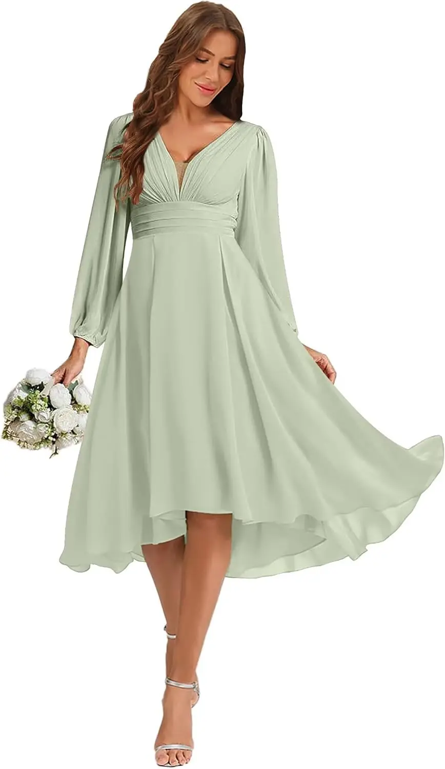 فستان وصيفة العروس نسائي شيفون برقبة على شكل V وأكمام طويلة مطوي على شكل حرف a طول ميدي فستان زفاف الضيوف فستان رسمي نسائي أنيق