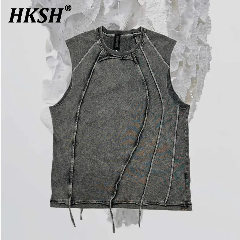 HKSH Men's Waste Land Punk Vest Chic Asymmetric 3D Cut High Street Vintage Washed Tassel Sleeveless T-shirts Trendy Tide  HK1565