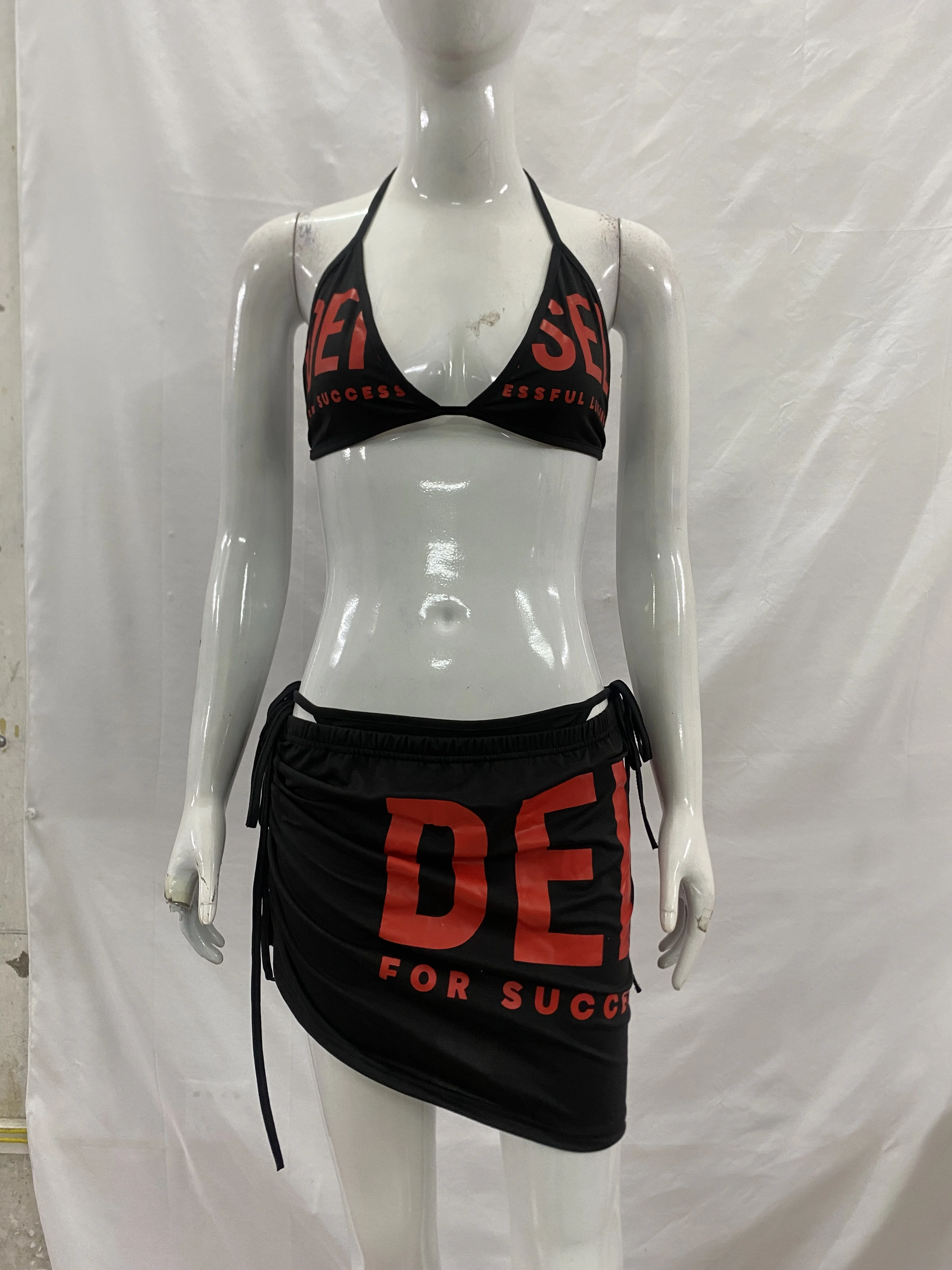 Women's Halter Bikini Top & Mini Skirt 2 Piece Outfit Set Letter Print Y2K Summer Beach Vacation Clubwear Sexy Casual Look
