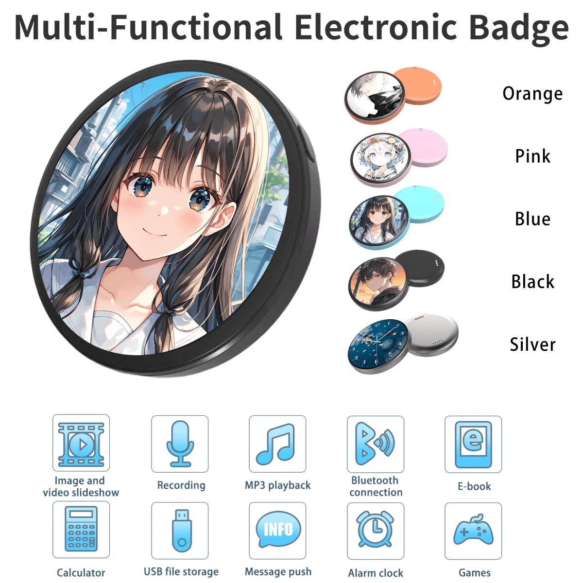 

1.85-Inch Screen Multi Functional Electronic Badge Lover or Birthday Gift Static and Dynamic Image Playback E-book MP3 playback