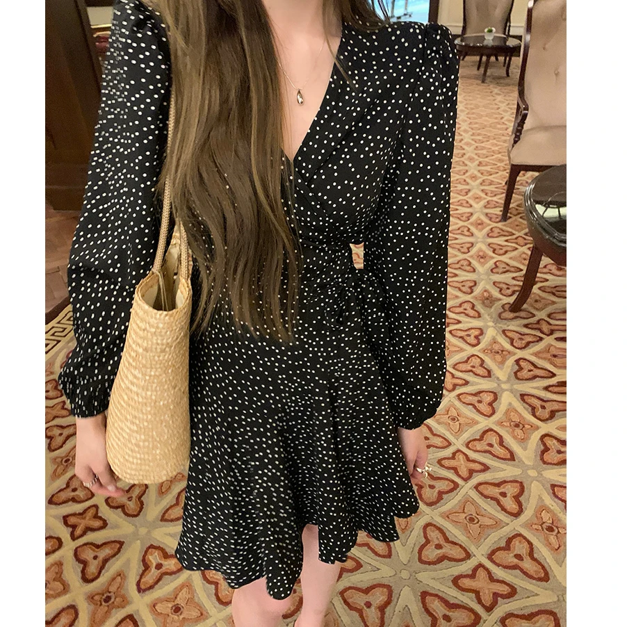 Polka Dot V Ne Long Sve feminino Dr primavera outono ort saia base em camadas cintura com cinto uma linha saia de fada