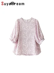 SuyaDream, Women Floral Blouses, 100%Real Silk, Round Collar, Lantern Sleeved T Shirts, 2024 Spring Summer Elegant Top, Purple