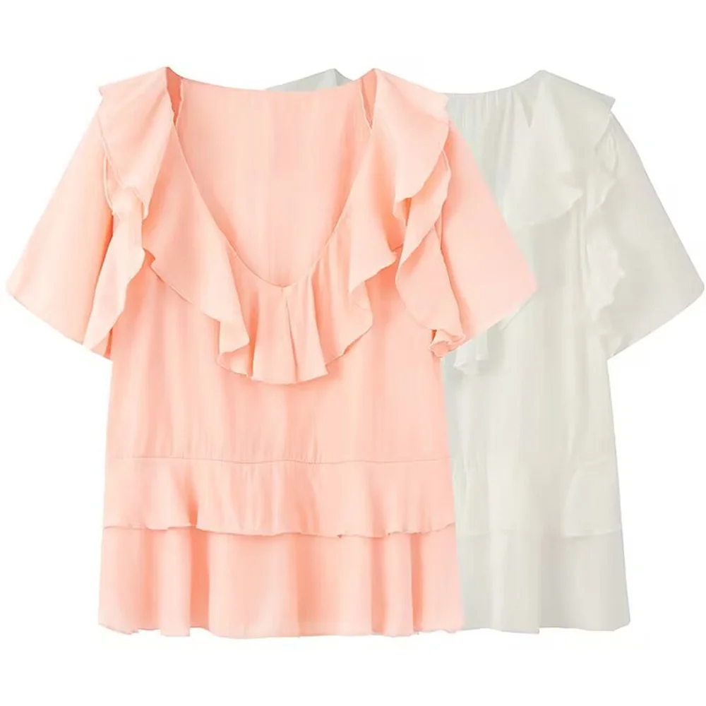 

BMURHMZA Stacked Decoration Summer New Women's Fashion Versatile V-neck Short sleeved Casual Shirt Top