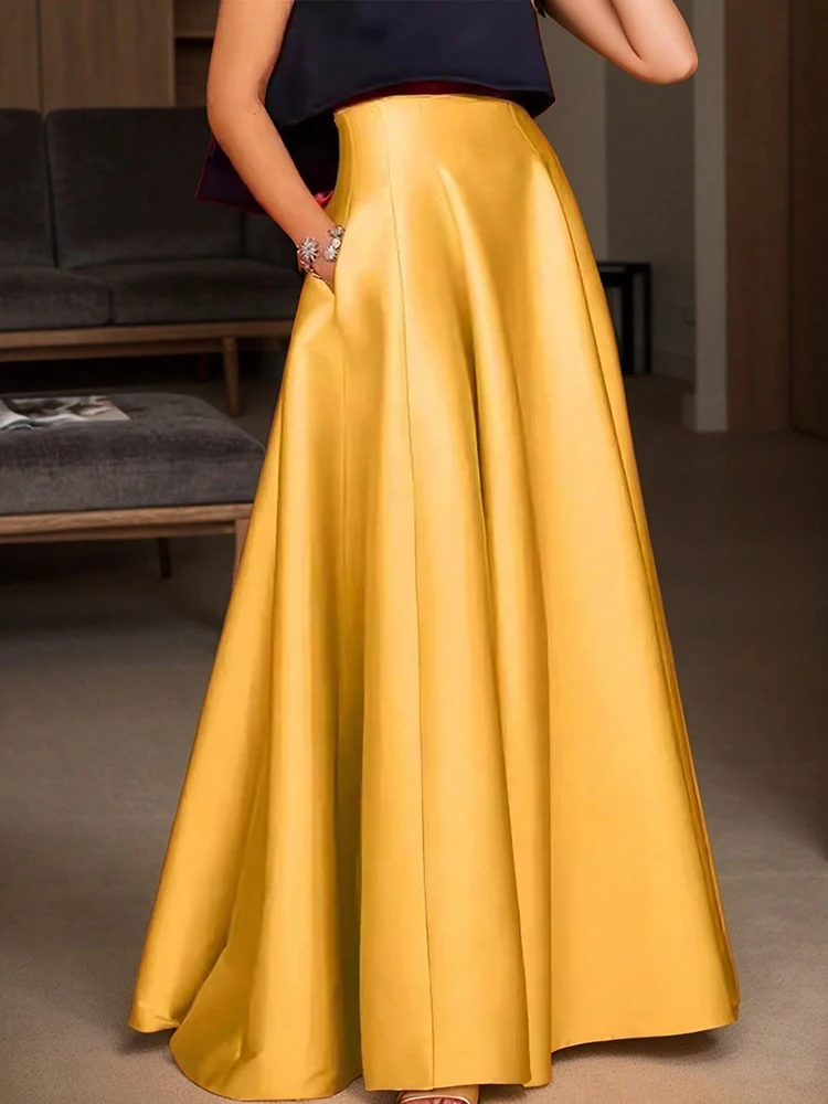 Elegant Satin A-line Long Skirts for Women High Quality Smooth Party Maxi Skirt with Pockets Y2K Lady Solid Women's Skirts
