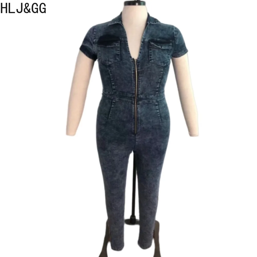 HLJ&GG Dark Blue Plus Size Solid Zipper Bodycon Jumpsuits Women Turndown Collar Elasticity Skinny Pants Playsuits Female Overall