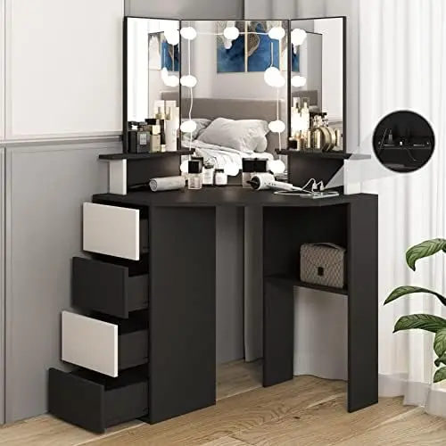 Corner Vanity Desk with Lighted Mirror & Power Strip,Black Makeup Vanity Table with Lights,42 inch Corner Vanity Mirror with Lig