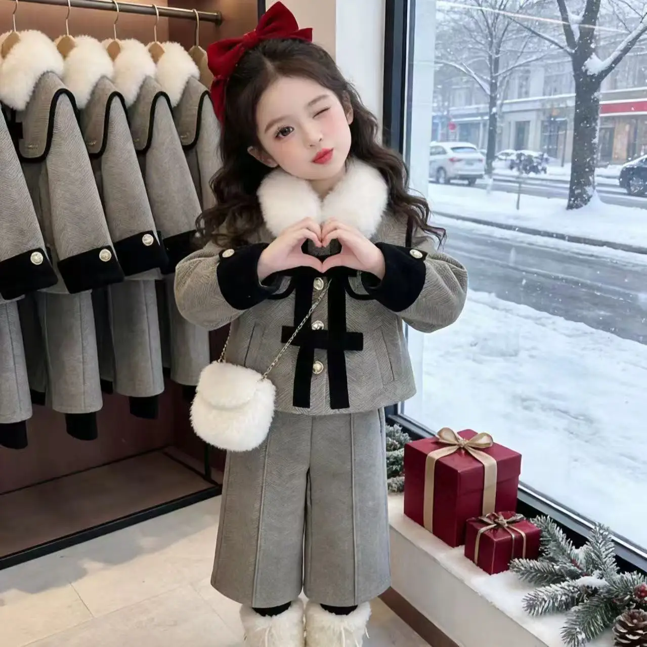 Girls' Winter Wool Lining Set 2026 New Thick and Warm Children's Baby Clothing Two Piece Set 90-150cm