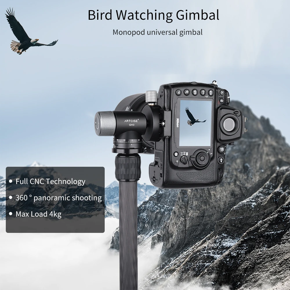 ARTCISE GH3 Gimbal Head for Monopod Tripod Long Telephoto Lenses,Metal Portable Tripod Head 360° Pan 90° Tilt,Max Load 4kg