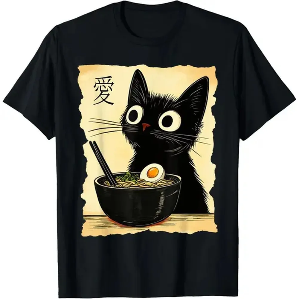 100% Cotton Funny Cat Ramen Graphic Tee Japanese Kawaii Anime Cat T-Shirt