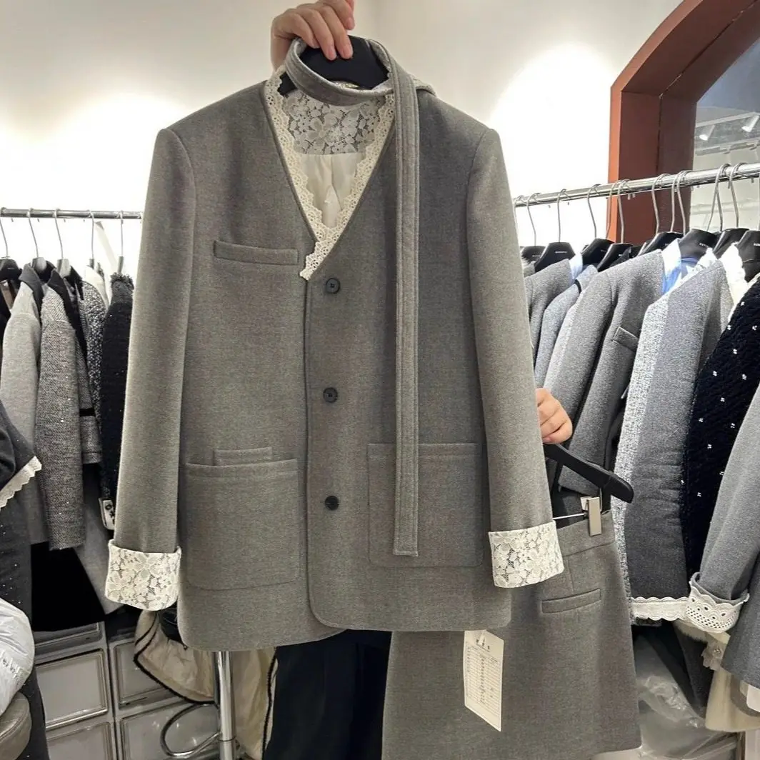 

Корейский деловой костюм из смесового хлопка для женщин: комплект из двух предметов для работы и повседневной носки, с длинным рукавом и юбкой