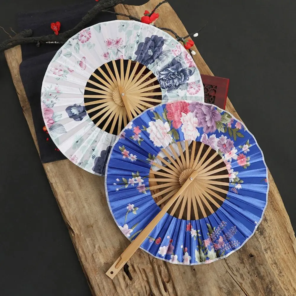 

Artistic Bamboo Craft Round Folding Fan Rotatable Floral Patterns Dance Fan Elegant Creative Handheld Fan Photography Prop