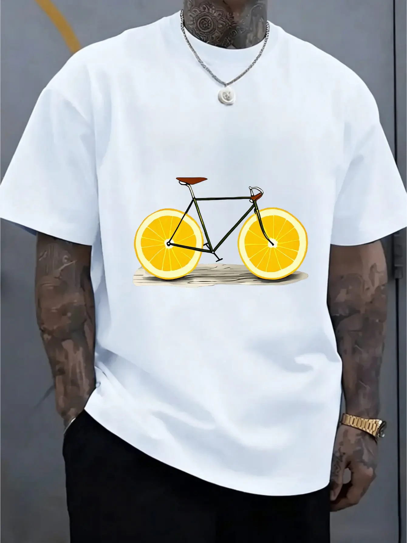 Men Artistic Lemon Wheel Bike Print Tee Soft Cotton Loose Short Sleeve Minimalist Casual Top Male Summer Daily Street Outfit