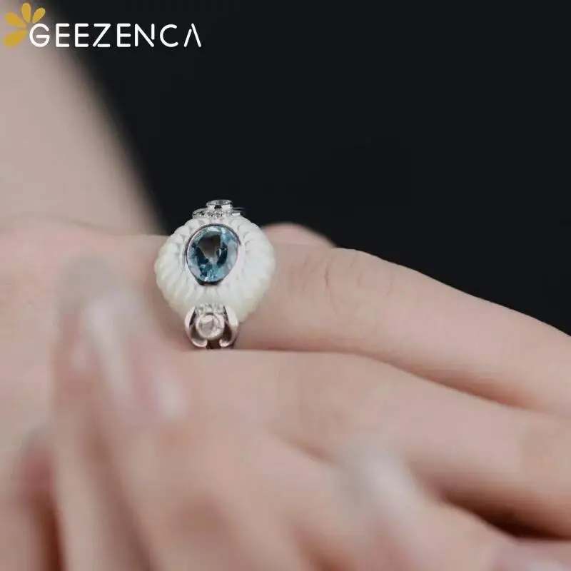 GEEZENCA Natural Topaz S925 Silver White Mother of Pearl Zircon Ring For Women Blue Stone Oval Luxury Chic Rings 2024 New Gift
