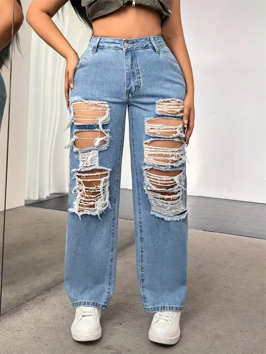 

Benuynffy Fashion Mid Waisted Boyfriend Jeans For Women Spring Summer Streetwear Casual Ripped Straight Leg Denim Trousers