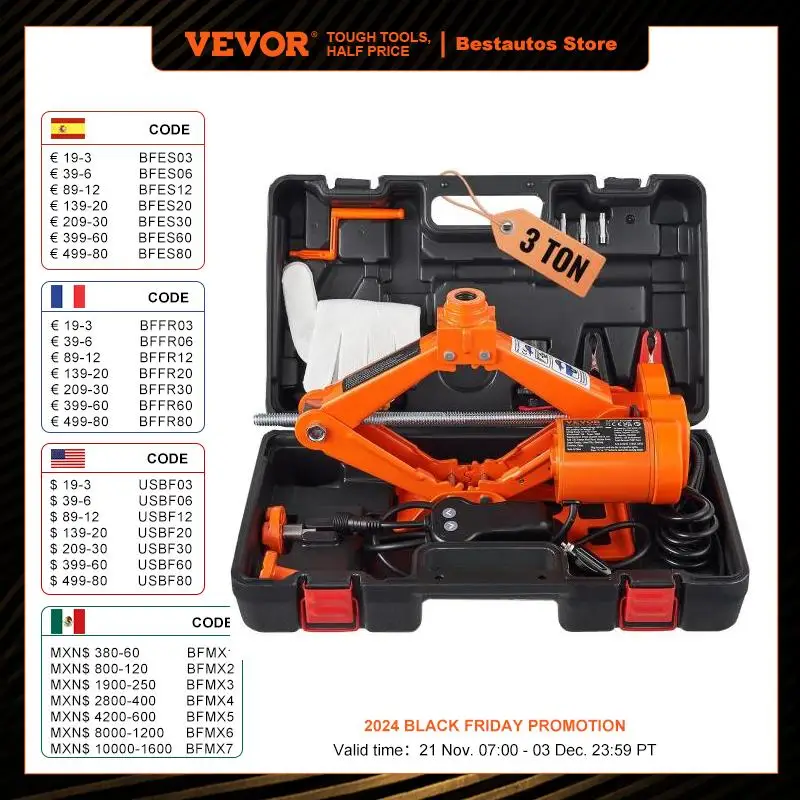 VEVOR Cric Losange Cric Électrique à Ciseau 3T 12V 170-420mm Levage Berline SUV