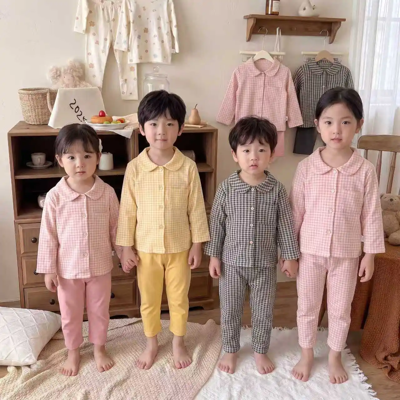 Boys Girls Autumn Pajamas Homewear Kids Casual Plaid Long Sleeve Lapel Shirt with Pants Pyjamas Youth Sleepwear Clothing Sets