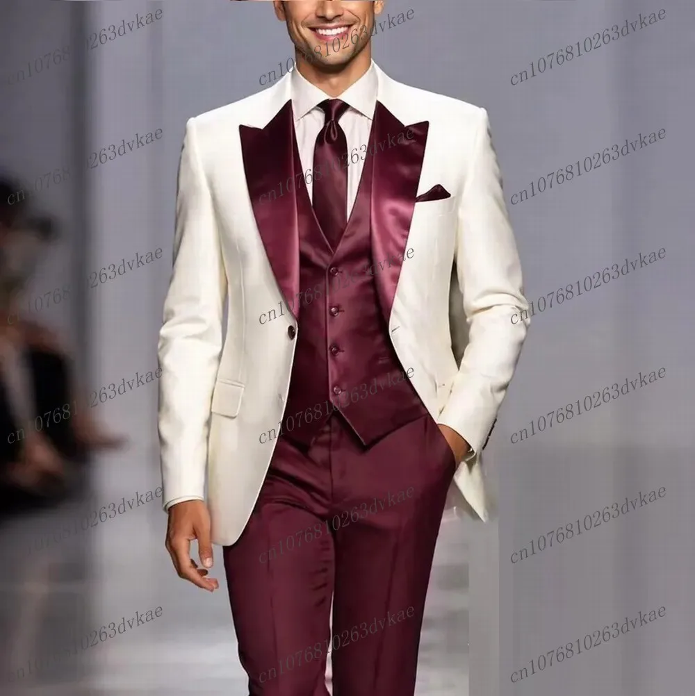 

Formal Burgundy And White Men Suit Wedding Party Groom Groomsman Prom Business Male Tuxedos 3 Piece Set Jacket Vest Pants