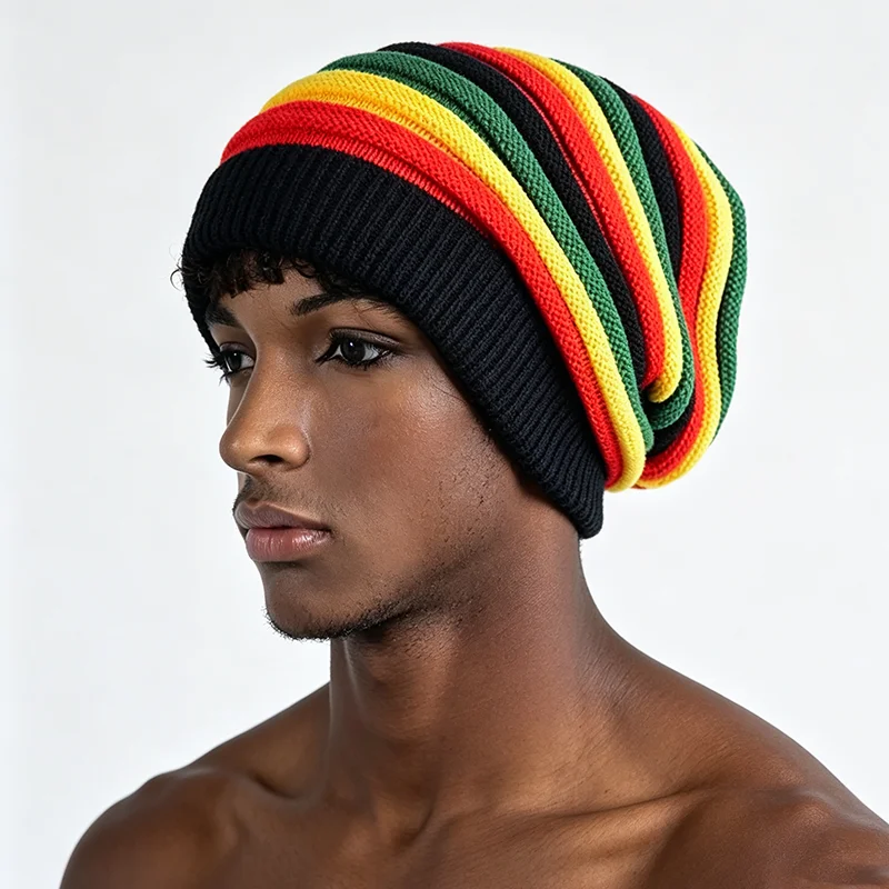 Men Women Rasta Jamaica Knit Beanie Cap Red Yellow Green Black Striped Slouchy Oversized Hip Hop Knitted Hat