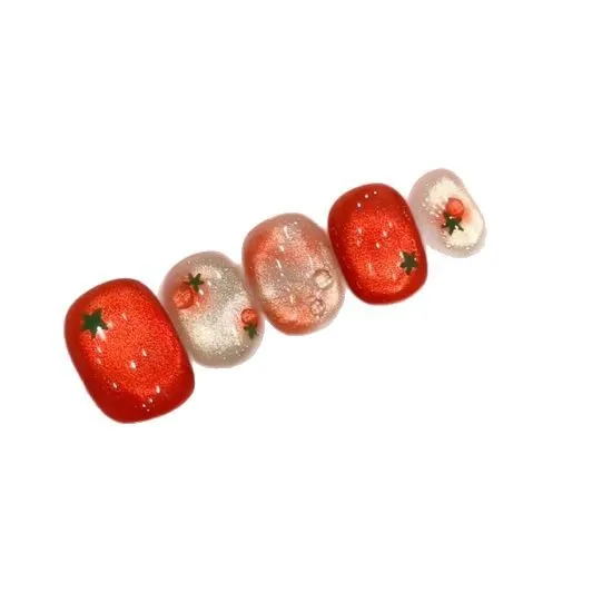 10 Stück festliche rote ovale kurze Pressnägel mit niedlichem Tomaten-Design, glänzendes Finish, Urlaubs-Nagelkunst-Set für Frauen und Mädchen
