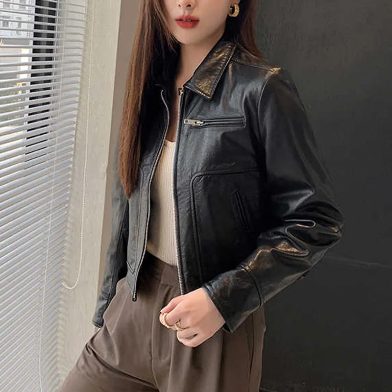 Women's Genuine Leather Jacket Spring Autumn Trend Lapel Zipper Motorcycle Retro Slim Casual Short Cow Leather Lederjacken Damen