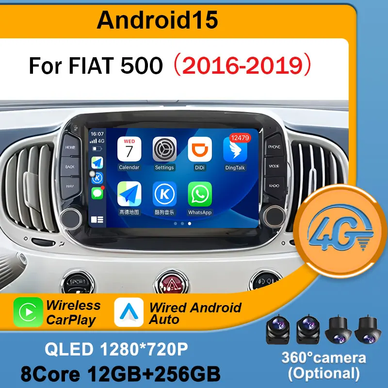 Carplay 4G Android Auto for FIAT 500 2016-2019 WiFi Multimedia Player Video Android 15 Car Stereo Player Radio GPS BT Navigation