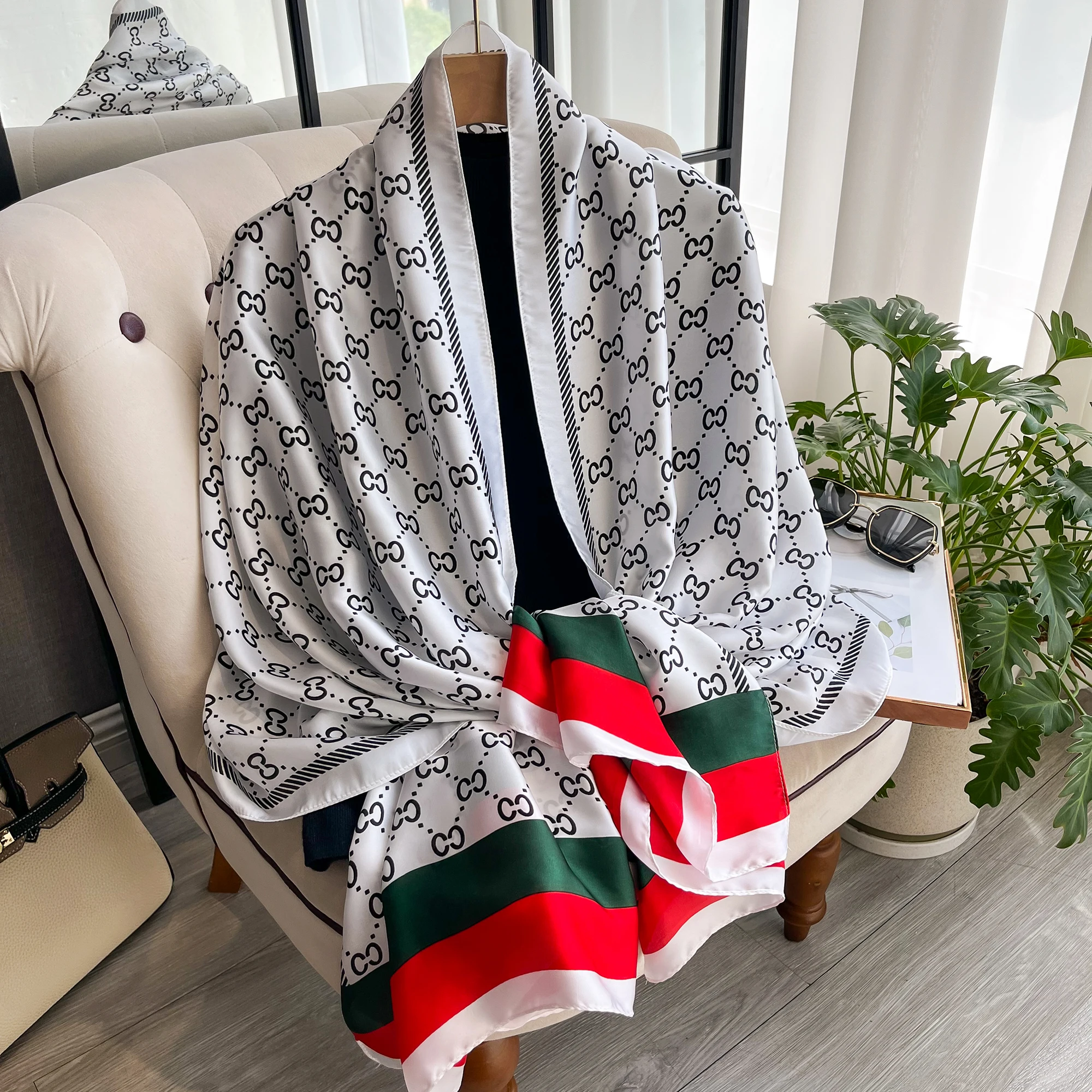 180*90cm Classic Silk Scarf Women Foulard Office Lady Large Fashion Print Beach Hijab Shawl Warp Bandanna Muffler Pareo Fashion