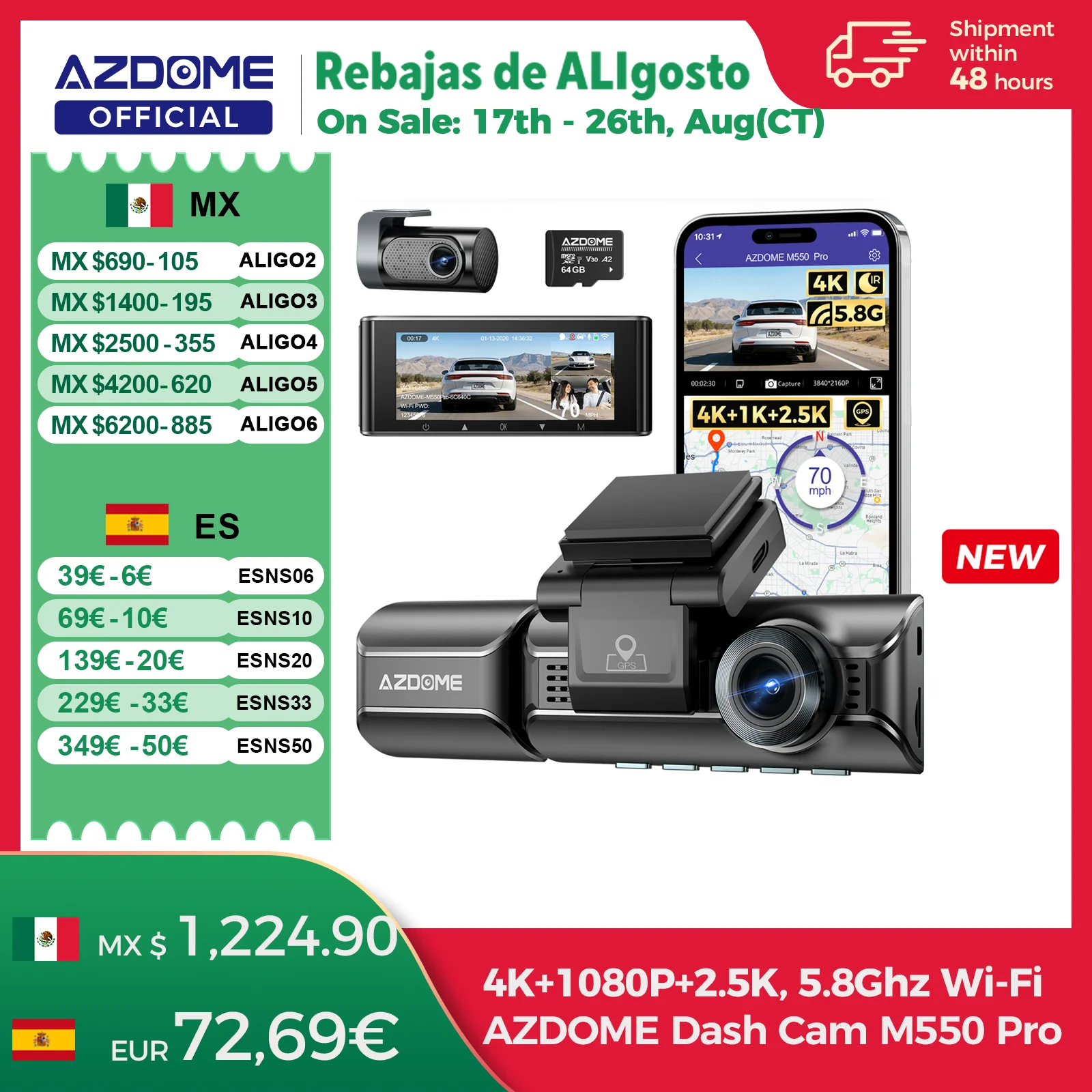 Imagen de Actualización AZDOME M550 Pro Dash Cam 4K Dashcam frontal Auto 5,8 Ghz Wi-Fi GPS G-sensor coche DVR 6 IR visión nocturna Monitor de estacionamiento