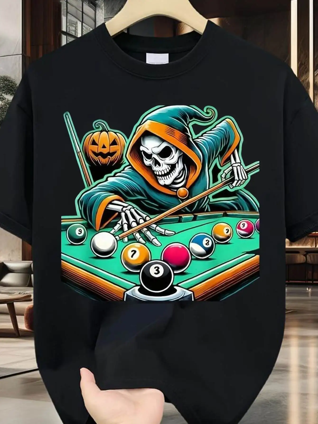 Men'S And 'S Retro Skeleton Billiards Pool Table T-Shirt - Short-Sleeve Shirt with Billiard And Cue Stick Graphics, Machine Washable Casual Party Wear for Halloween Or Billiards Events,