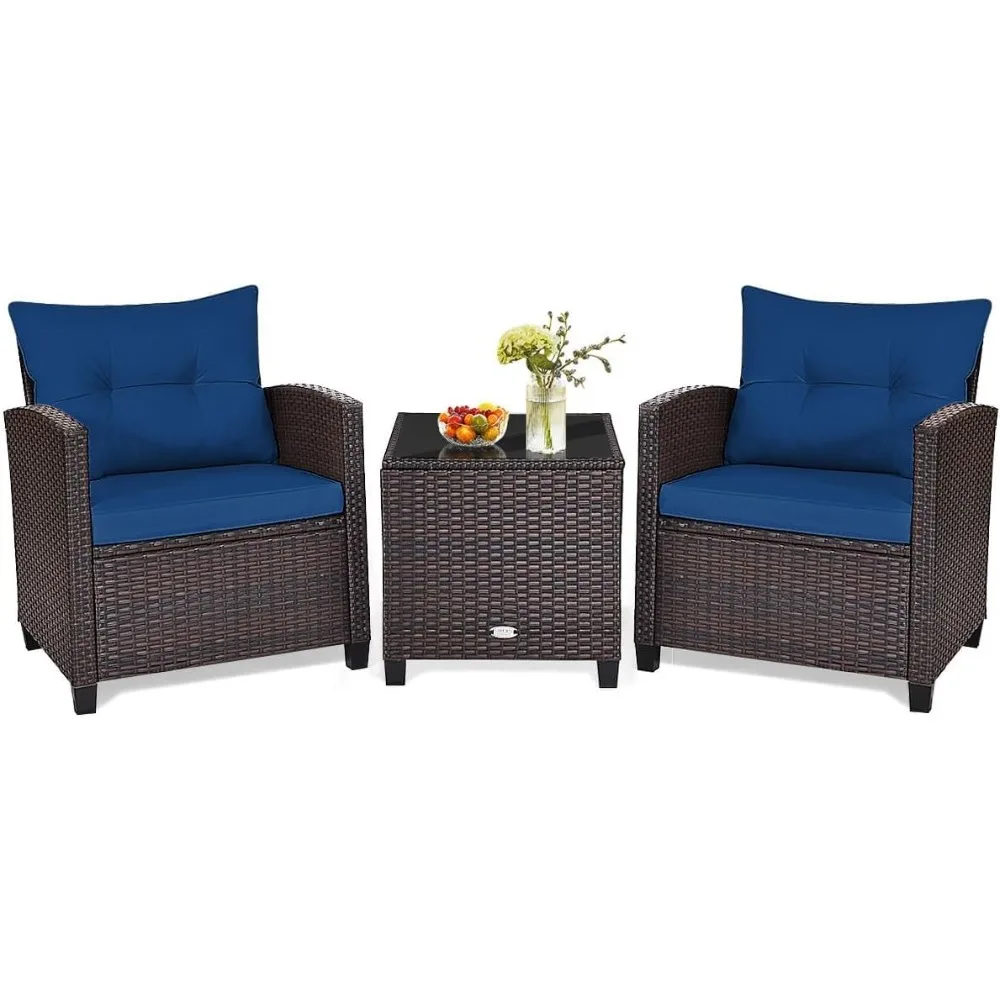 

3-piece terrace conversation set, outdoor furniture set, PE rattan sofa set with detachable cushion, PE wicker chair set