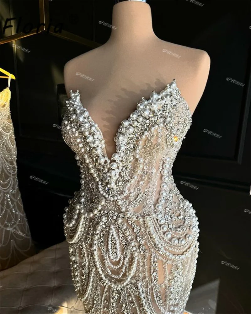 Luxury Heavy Beads Mermaid Prom Dress Full Pearls Crystal V Neck Wedding Engagement Gowns vestidos de fiesta elegantes 2024