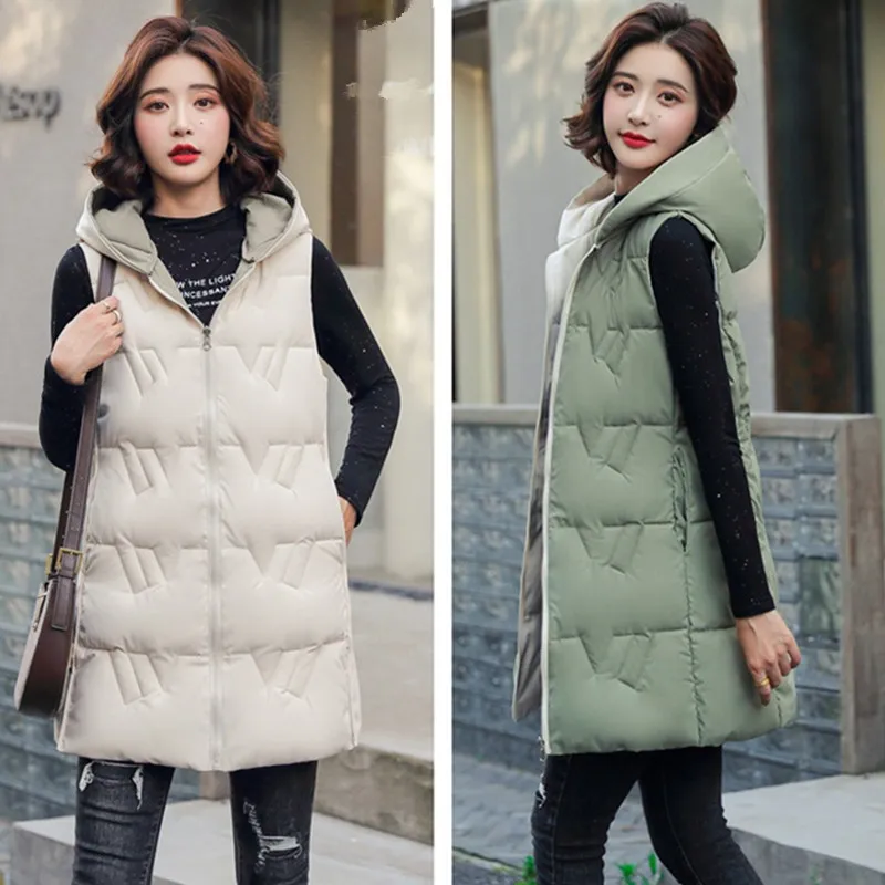 UHYTGF 2022 Reversible Autumn Winter Vest Jacket Women Mid-Length Hooded Sleeveless Parkas Coat Female Casual Warm Waistcoat 127