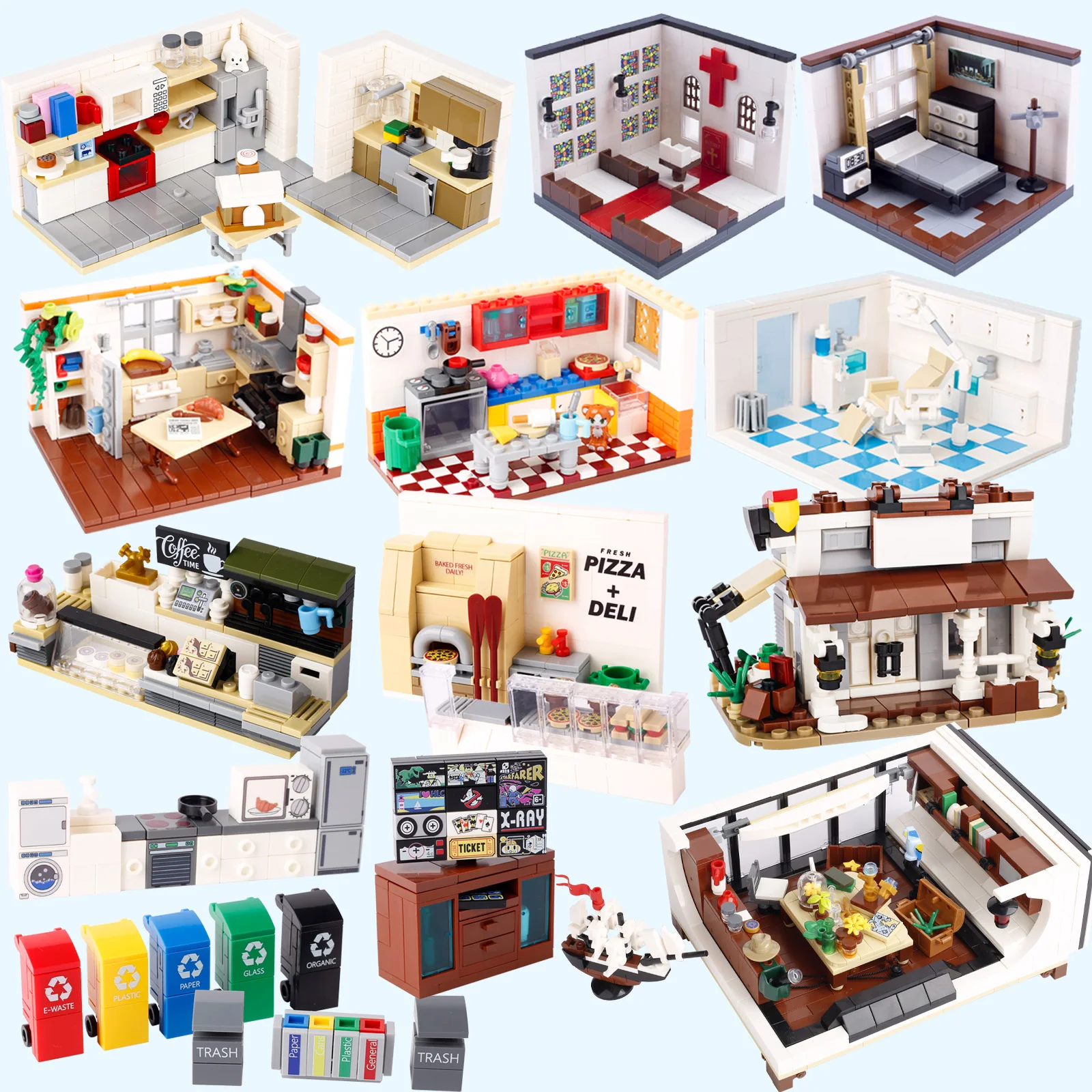 MOC City Street View Furniture Building Blocks Wedding Church Hospital Figures Bathroom  Laboratory Office Accessory Brick Toy