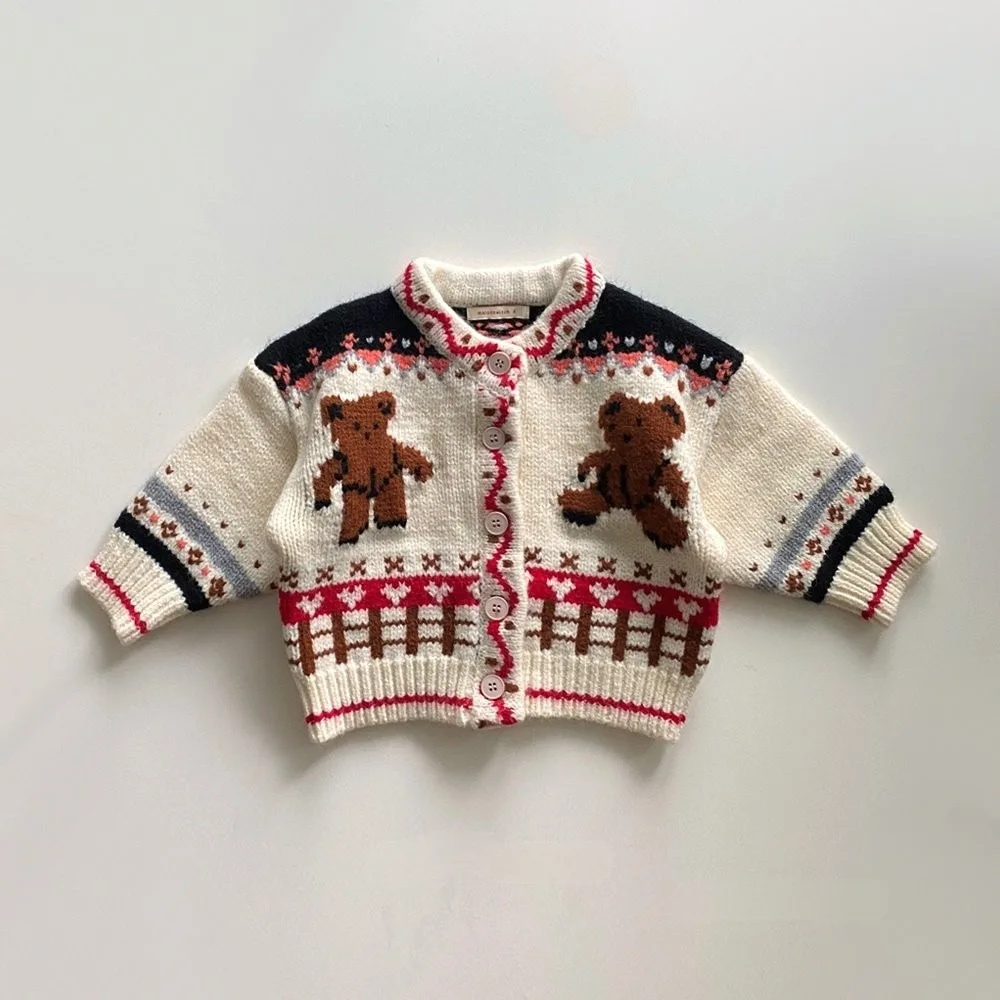 2025 Autumn New Baby Long Sleeve Knit Coat Infant Girl Cute Bear Print Knit Cardigan Kids Boys Casual Jacket Toddler Clothes 5