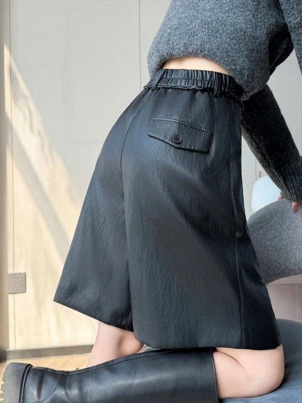 High Waist PU Leather Shorts plus Size Soft Leather Casual Pants Boot Cut Trendy Cool Women's Autumn Fashion Ladies' Pants
