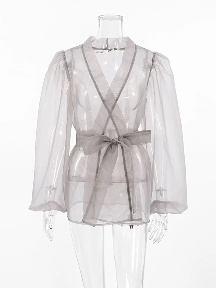 2023 Spring Summer Women Elegant Solid Grey Mesh Shirt Ladies Sheer Long Sleeve Chiffon Blouse For Woman Female