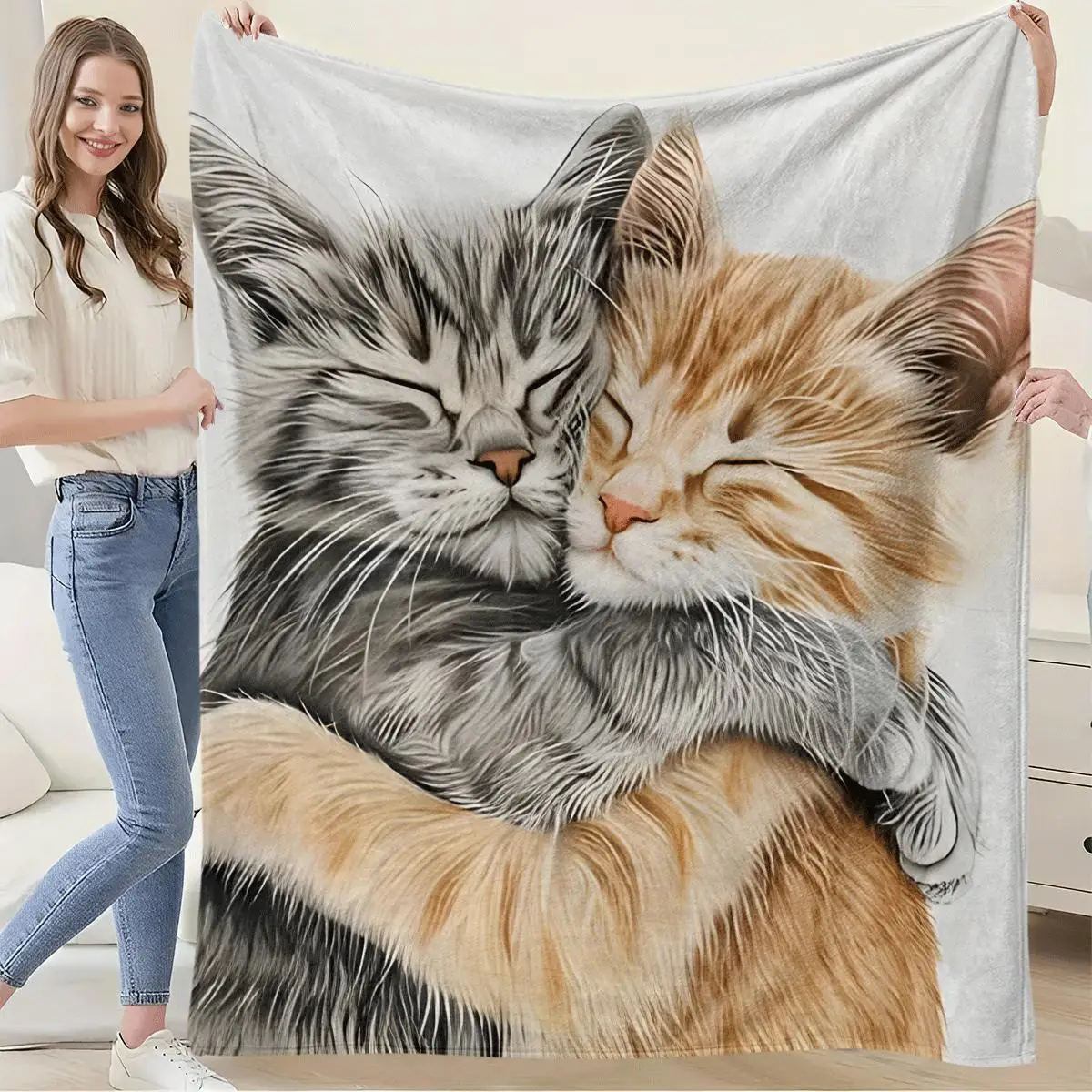 Cute gray and orange spotted cat pattern Flannel printed blanket suitable for all seasons for living room office sofa and travel