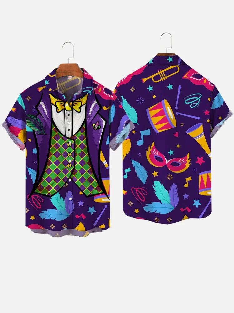 

2026 Fashion Mardi Gras Carnival Dress Up Tuxedo Printing Short Sleeve Shirts For Men Clothes Casual Shirt Vacation Blouses Tops