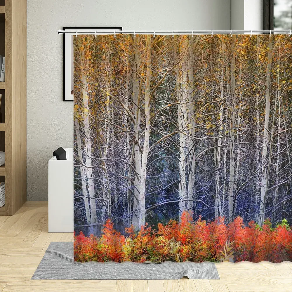 Autumn Red Leaves Nature Forest Landscape Bathroom Decor Screen Waterproof Polyester Fabric Shower Curtain With Hooks Curtains