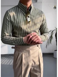 Men's Casual Business Long Sleeve Striped Shirt Italian Vintage Green Button Long Point Collar Fashion Personality Slim Fit