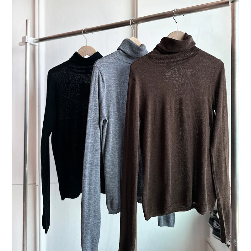 Solid Color Wool Knitted Bottoming Sweat Shirt for Wome High Collar Slim Fit Lady Pullover With Long Sleeve Top Niche