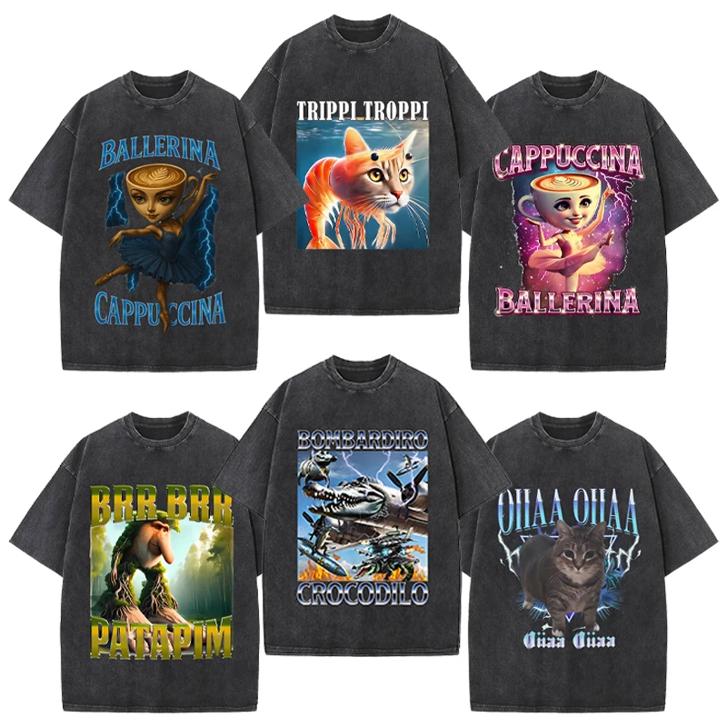 

Italian Brainrot Washed Denim Fabric Adult T-shirt Short Sleeve Outdoor Wear Fashion Street Hip Hop Sportwear Round Neck Toddler
