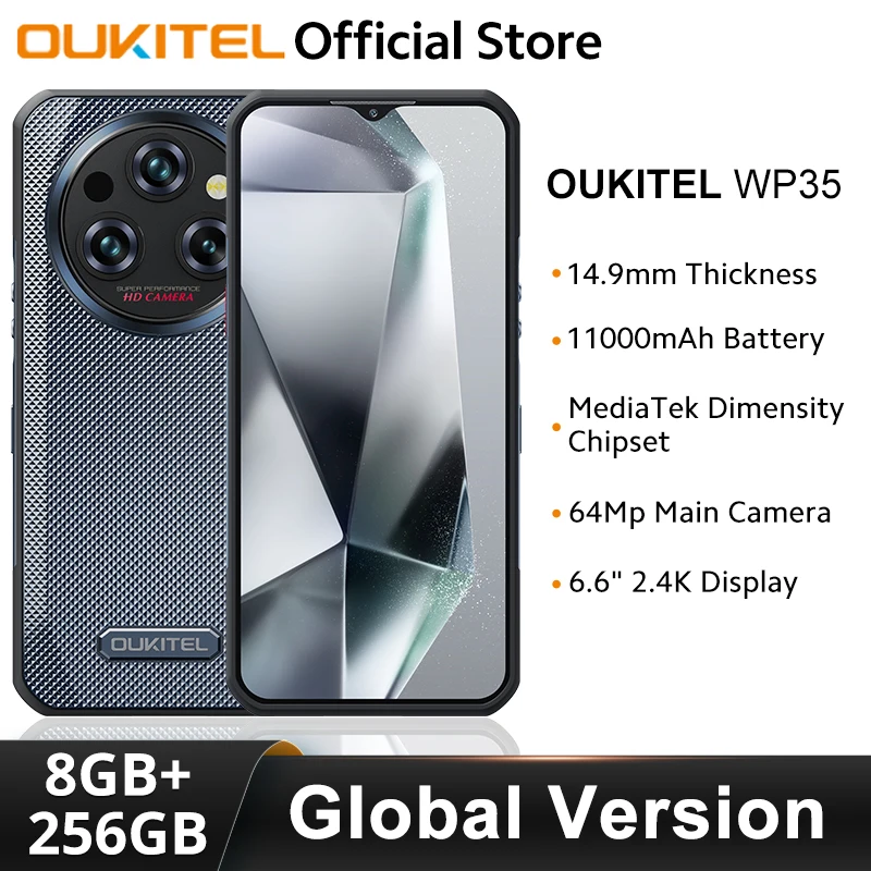 Oukitel-Smartphone robuste WP35 5G, écran 2.4K, MTK Dimrespond6100 + 11000mAh, 8 Go + 256 Go, caméra arrière 64MP, téléphone portable Android 14