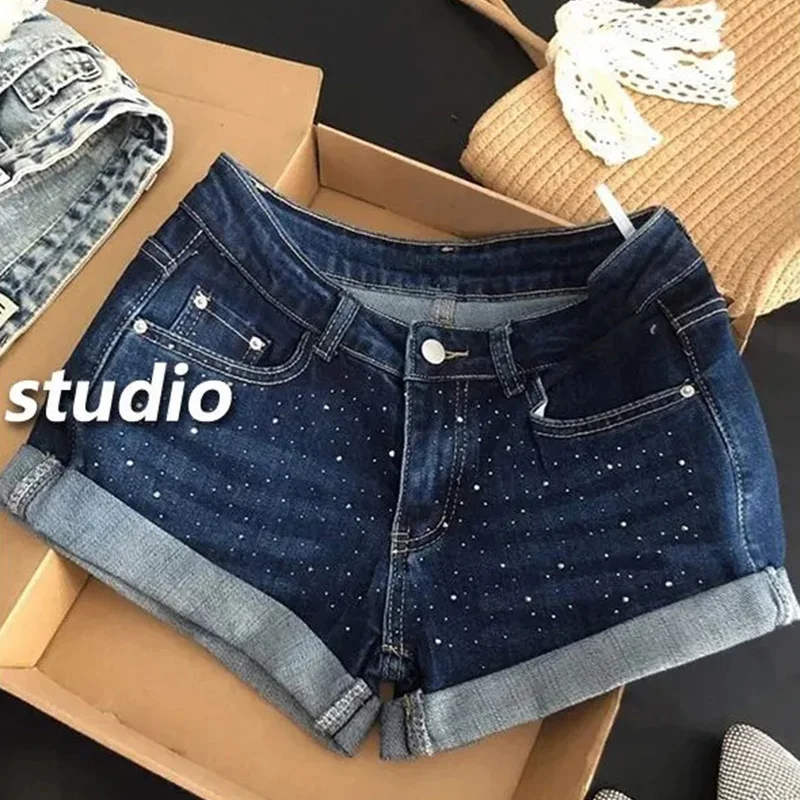

Dark Blue Denim Shorts Women Rhinestone Rolled Up Korean Fashion Shorts Summer Sexy High Street A Line Harajuku Y2K Shorts