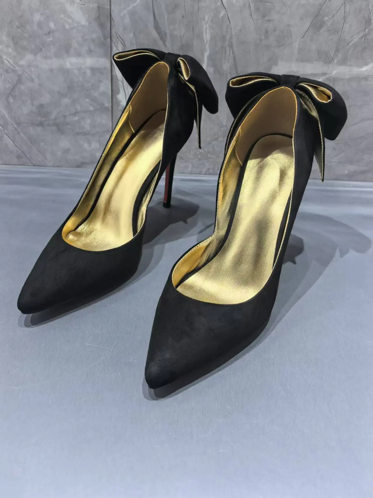 أسود فراشة عقدة النساء مضخات الأحمر وحيد أشار تو الضحلة رقيقة عالية الكعب الانزلاق على الإناث حذا فردي للسيدات حجم كبير مثير Shallo #4