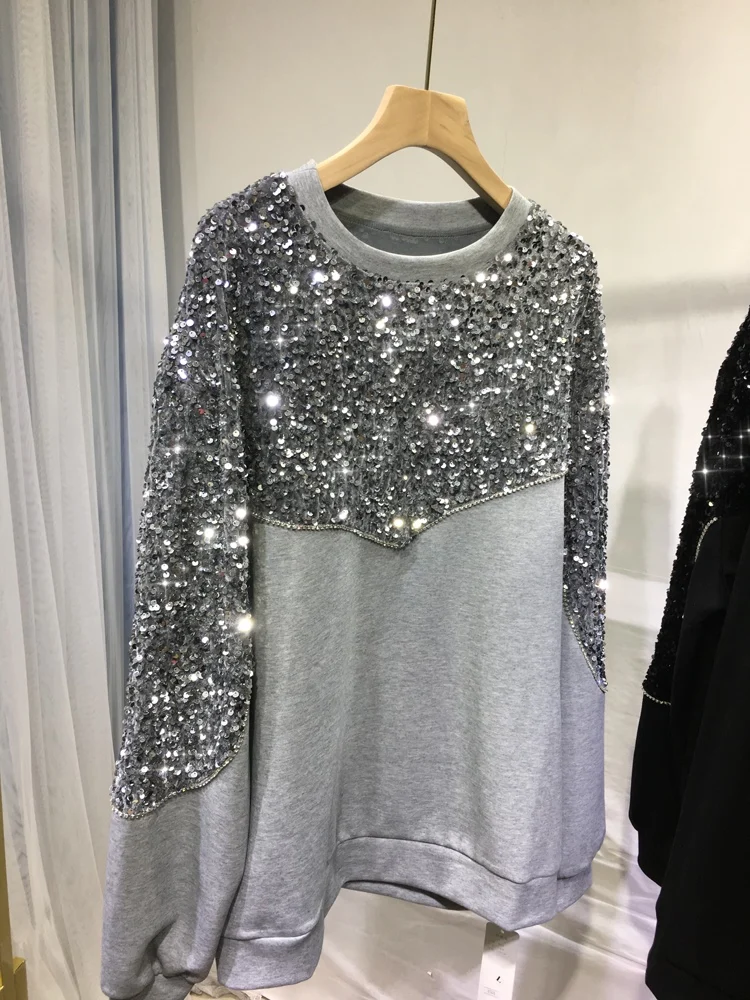 

High Quality Colorblock Beading Sequins Grey Cotton Sweatshirts Round-neck Long Sleeve Hoodie Out Wearing Autumn Winter Clothes