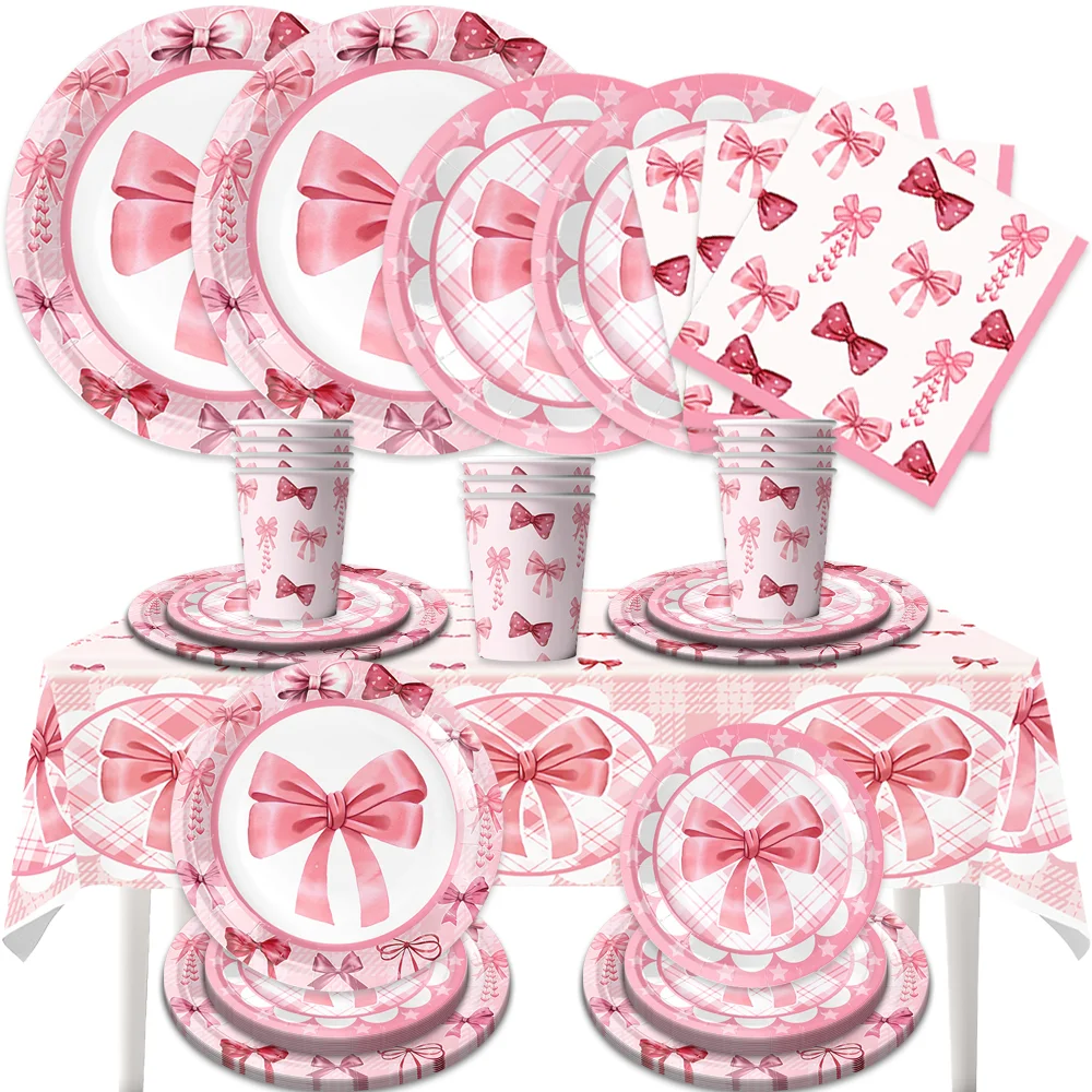 Pink Coquette Bow Disposable Tableware Set Paper Plates Cups Napkins Tablecloth Girls Birthday Baby Shower Party Supplies view 5