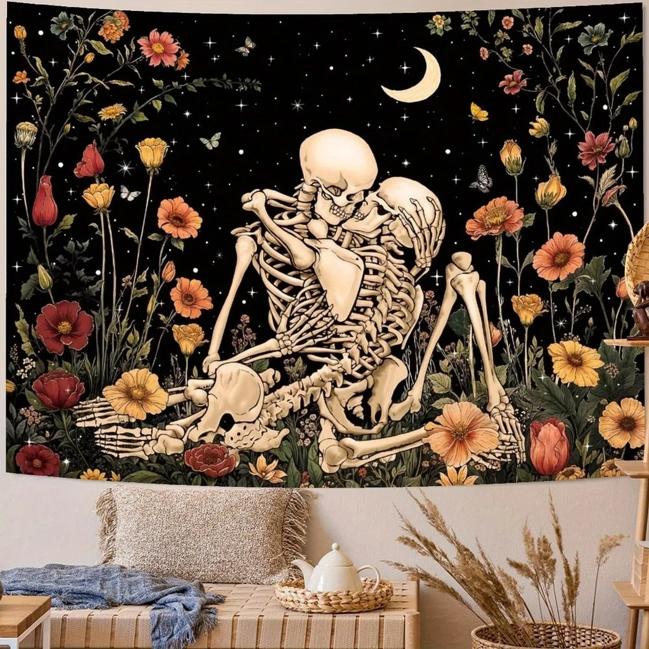 VIKAMA Dark Boho Tapestry Skull Wall Art Vintage Mexican Design with Roses and Sunflowers for Aesthetic Room Decor