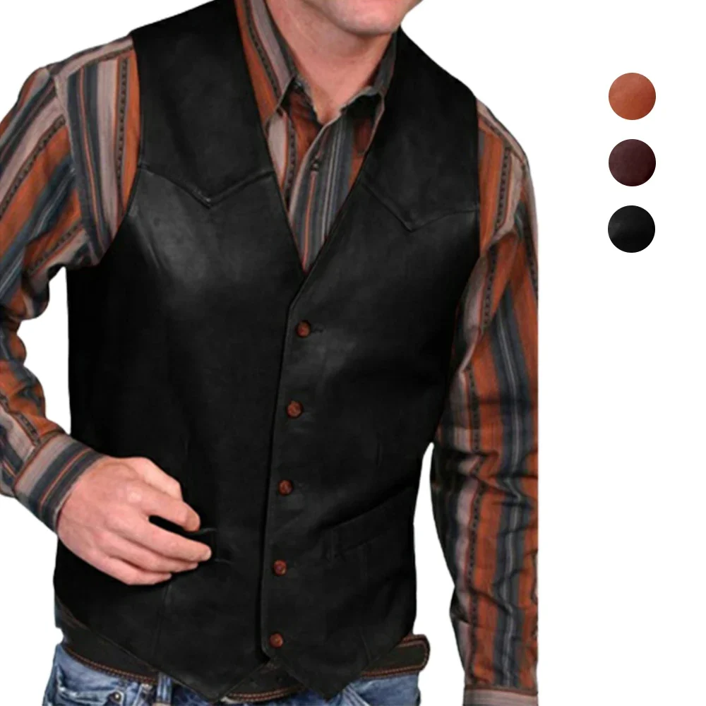 

Men PU Leather Vest Coat Vintage V Neck Fishing Motorcycle Waistcoat Jacket Single Breasted Performance Costumes Slim Fit Vests